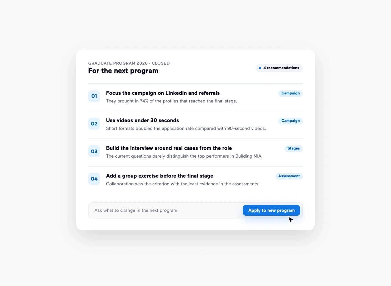 Four recommendations for the next programme drawn from a closed one: focus the campaign on LinkedIn and referrals, use videos under 30 seconds, build the interview around real cases from the role and add a group exercise before the final stage